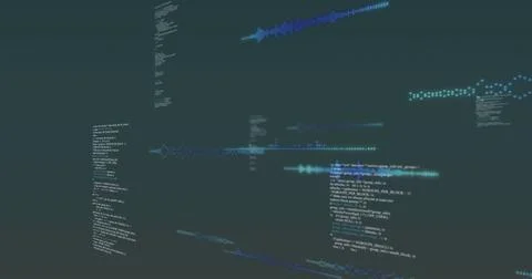Floating translucent code panels and waveforms forming layered 3D UI space with Stock-Fotos