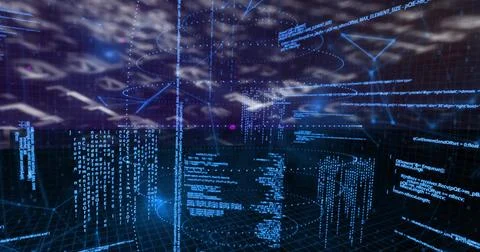 Floating translucent code panels hovering over grid in cyberspace, with numeric Stock Illustration