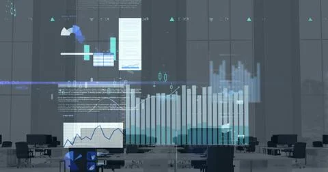 Floating translucent data HUD projecting over open-plan office, with desks Stock Photos
