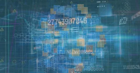Floating translucent data panels displaying icons, numbers in network hex grid, Stockfoto's