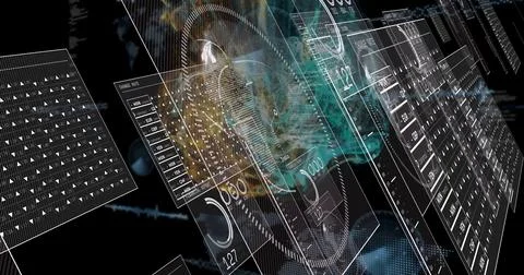 Floating translucent data panels forming dashboard cluster in black void, Stock Photos
