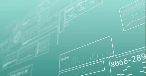 Floating translucent data panels tilting right on teal field, showing line Stock Illustration