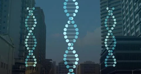 Floating translucent digital DNA helix pattern above urban street scene, with Stock Photos