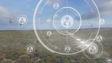 Floating translucent digital HUD and avatar icons with binary code over Stock Footage 307551193