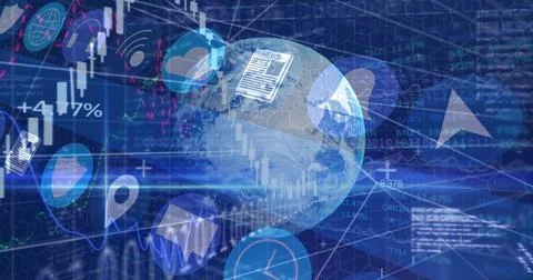 Floating translucent Earth globe on data dashboard, showing candlestick chart Stock Photos