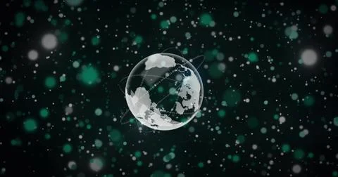 Floating translucent Earth globe rotating in digital space, showing orbit rings, Stock Photos