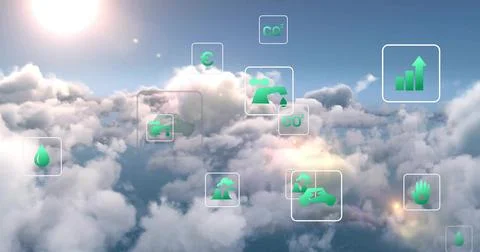 Floating translucent frames over cloud layer under bright sun, displaying green Stock Photos