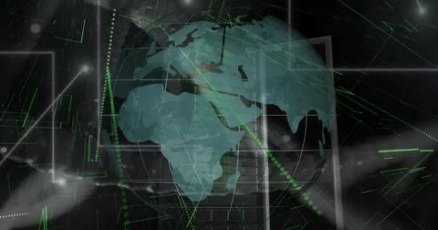 Floating translucent globe highlighting Africa Europe Asia in data center, with Illustrazione stock