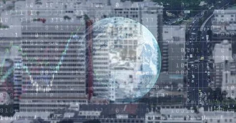 Floating translucent globe hovering over downtown, overlaying binary digits, Stock Photos
