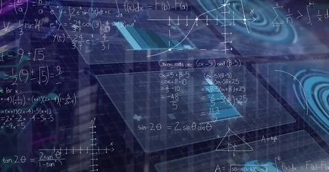 Floating translucent grid interface displaying math formulas, axes and triangle 스톡 사진