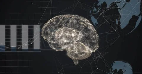 Floating translucent hologram brain pulsing, linking to network lines and pale Illustrazione stock