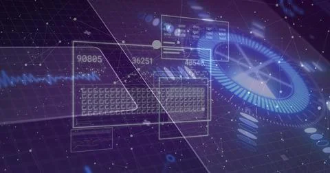 Floating translucent hologram keyboard and numeric panels above grid plane, 스톡 일러스트