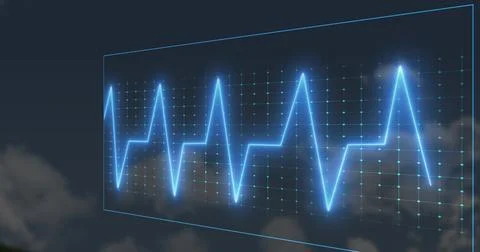 Floating translucent holographic panel displaying neon-blue ECG waveform over 스톡 일러스트