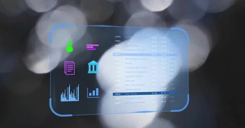 Floating translucent holographic panel showing colored icons charts data table Stock Illustration
