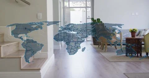 Floating translucent holographic world map spanning entry hall and floor, Stock Photos