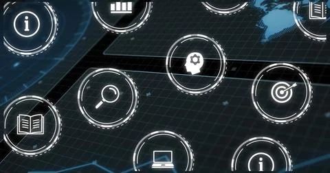 Floating translucent HUD icons hovering over dark 3D grid, showing magnifying Stock Illustration