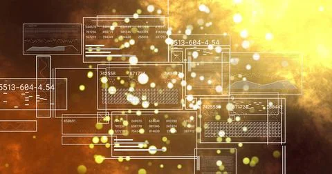Floating translucent HUD panels and glowing bokeh over warm nebula backdrop, Ilustración de archivo