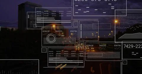 Floating translucent HUD panels over dusk city street, showing numeric graphs Stock Photos