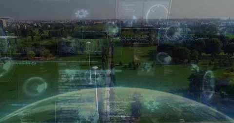 Floating translucent HUD panels overlaying park with lampposts, walkways, lawns, Fotos Stock