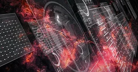 Floating translucent HUD panels receding diagonally in nebula space, with Stock Illustration