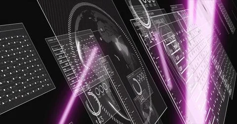 Floating translucent HUD panels showing circular gauges, pink beams, wireframe Stock Illustration