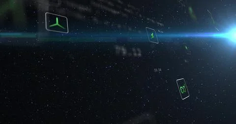 Floating translucent HUD panels showing neon propeller lightning CO in space Illustrazione stock