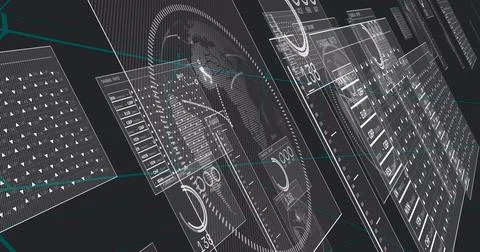 Floating translucent HUD panels showing gauges, readouts, tables, dotted globe Stock Illustration