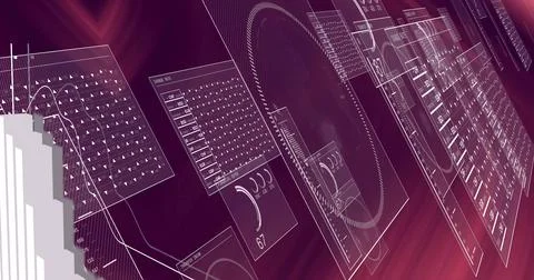 Floating translucent interface panels presenting data in virtual workspace, with Illustrazione stock