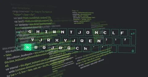Floating translucent keyboard layout drifting over dark coding backdrop, with Stock Illustration