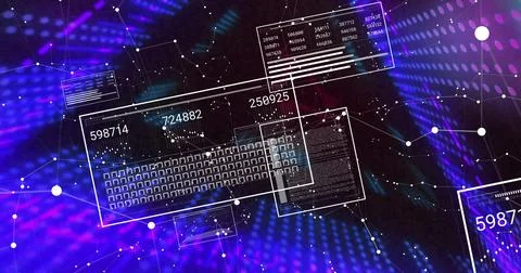 Floating translucent keyboard showing numeric panels in cyberspace, with lines Stock Photos