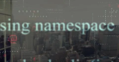 Floating translucent namespace overlay stretching across urban glass view, Stock Photos