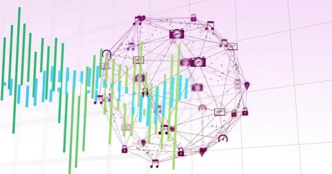 Floating translucent network sphere connecting nodes on data screen, with icons, Stock Illustration