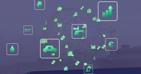 Floating translucent network sphere showing icons over harbor, with electric car Stock Photos