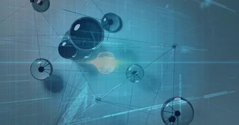 Floating translucent nodes forming network web in virtual digital grid, Stock Illustration