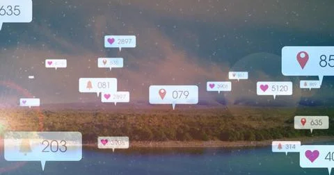 Floating translucent notification bubbles filling lakeside dusk sky, showing Stock Photos