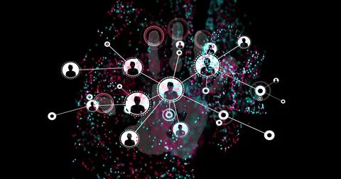 Floating translucent palm silhouette displaying nodes on digital interface, with Stock Illustration
