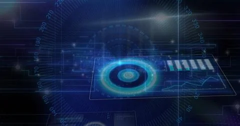 Floating translucent panel presenting interface in virtual space, with circular Stock Photos