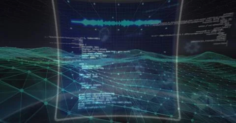 Floating translucent panel projecting code overlays, cyan waveform in digital Stockfoto's