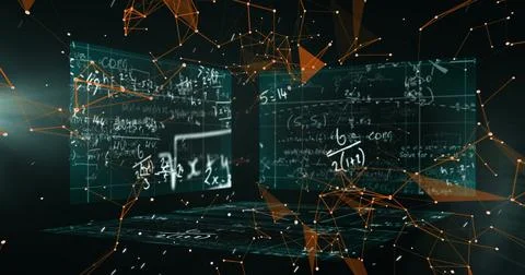 Floating translucent panel showcasing equations in virtual space, with orange Stockfoto's