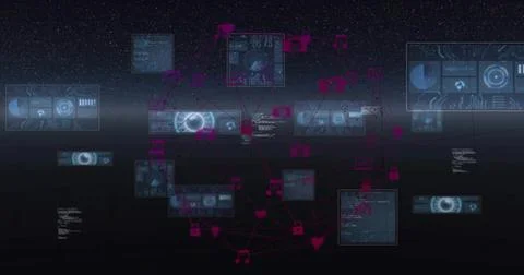 Floating translucent panels and magenta node network forming dashboard in space, Stock Photos