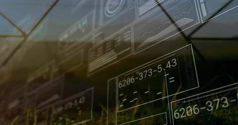 Floating translucent panels displaying numeric codes, charts and code blocks  Stock Photos