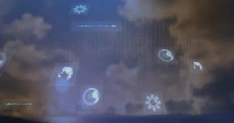 Floating translucent panels displaying tech icons over calm ocean seascape, with 스톡 일러스트