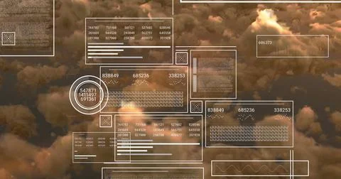 Floating translucent panels hovering over clouds, with numeric fields, bar 스톡 사진