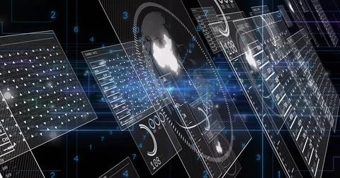 Floating translucent panels receding in 3D black space, showing circular HUD 스톡 일러스트