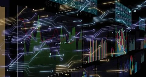 Floating translucent panels showing charts and arrows with tickers and neon Stock Photos