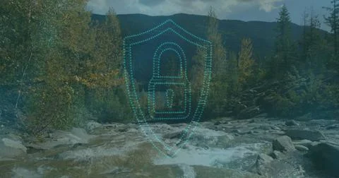 Floating translucent shield containing padlock icon over mountain stream rapids, Stock Photos