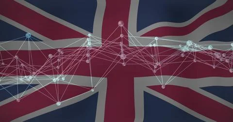 Floating translucent spheres and glowing lines over digital Union Jack 스톡 일러스트