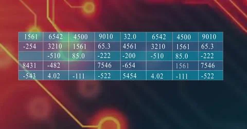 Floating translucent table showing grid lines, numeric values on circuit with Stock Photos