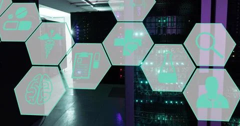 Floating translucent teal hex UI panel across server racks, with blinking LEDs 写真素材