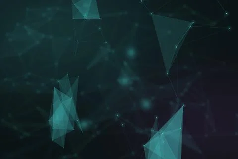 Floating translucent teal triangles and luminous points form a spacious dar.. Illustrazione stock